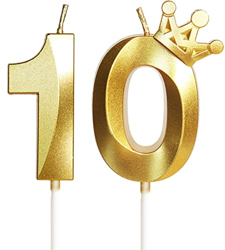 Geburtstagskerze 10 Zahlenkerze 10 mit Krone, 5cm Gold Geburtstagskerzen, Kerzen Geburtstag, Tortendeko Geburtstag, Tortendekoration für Kinder, Erwachsene, 10. Geburtstagsfeier, Jubiläum, Nummer 10