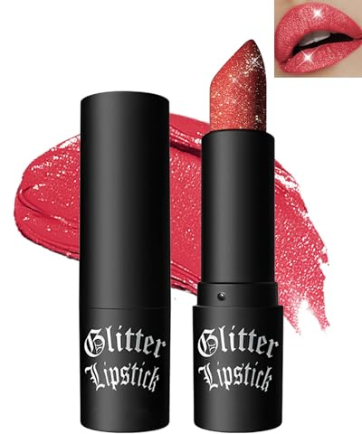 Glitzer-Lippenstift Rot, Diamond Metallic Funkelnder Matt Lipstick, Wasserdichter Langanhaltender Glitter Lipgloss, Not-Stick Cup Shimmer Lip Tint Balm Weihnachten Make-up für Party-03 Red Coral