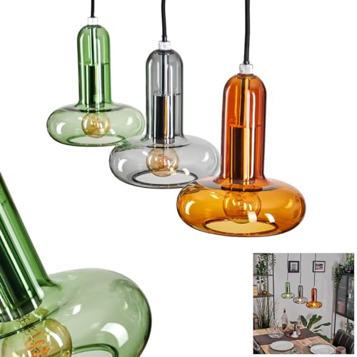 Pendelleuchte Salavisa, Pendellampe aus Metall/Glas in Schwarz/Bernstein/Rauch/Grün, Leuchte im modernen Retro/Vintage-Design mit Schirmen aus Glas (Ø 15cm), Höhe max. 173cm, 3x E14, ohne Leuchtmittel
