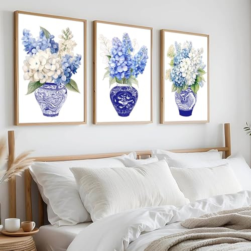 3 Pieces Blue White Chinoiserie Hydrangea Posters Canvas Wall Art Print Set Watercolor Flowers Botanical Plant Decor Canvas Painting Oriental Porcelain Vase Flower Jar Pictures 16x24 inch No Frame