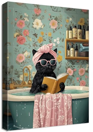 Wooden Framed Canvas Wall Art Funny Black Cat Wall Art Bathroom Painting on Canvas Prints Poster Cute Black Cat Bathing Animals Humor Pictures for Girls Room Bedroom Kids Room Toilet Decor 40x60cm