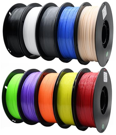 YUANEANG Lot de 10 rouleaux de filament PETG pour imprimante 3D, précision dimensionnelle +/- 0,03 mm, bobine de 1 kg (1 kg), 1,75 mm, compatible avec la plupart des imprimantes 3D, noir, blanc, bleu