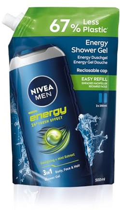 NIVEA MEN - Gel Douche Energy 3-en-1 - Corps, Visage & Cheveux - Vivifiant & Rafraîchissant - Formule Douce À L'Extrait De Menthe - pH Neutre - Tous Types De Peaux - Format Recharge 500 ml