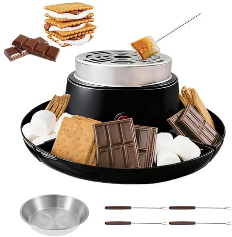 Appareil à Fondue électrique au Chocolat, kit de Grillage à la Guimauve avec 5 Accessoires, Plaque antiadhésive de 30 cm, température réglable, pour Anniversaire d'enfant, fête, soirée cinéma Black
