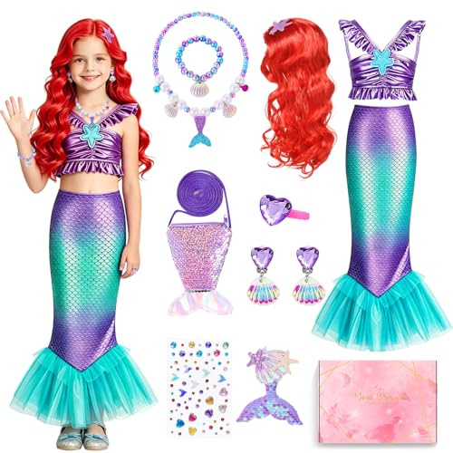 TOSZOLY Deguisement Sirene Fille, Cosplay Sirene avec Perruque, Cadeau pour Fille, Déguisements Sirenes Enfant pour Anniversaire Cosplay Carnaval