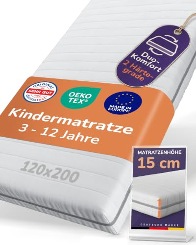 Sun Garden Kindermatratze 120x200 cm – 3–12 Jahre, 2-in-1 Mitwachs-System für Kinderbett & Jugendbett, Oeko-Tex & Dermatest „Sehr gut, 15 cm Komfortschaum RG28, Made in Europe
