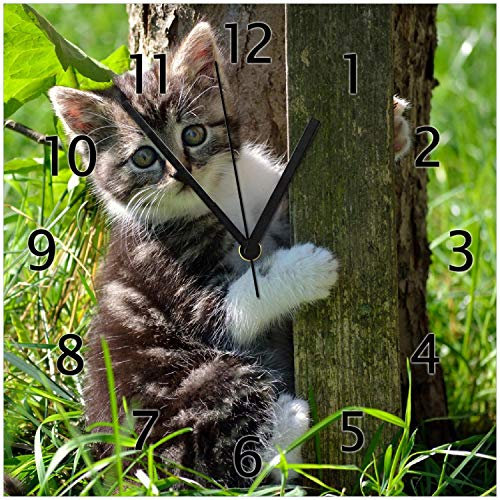 Wallario Design-Wanduhr Süßes Kätzchen an einem Baum aus Glas, Motiv-Uhr Größe 30 x 30 cm, Schwarze Zeiger