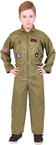 Barn VE Day US Army pilotkostym – X-Large – militärgrön overall med bifogade lappar – pojkar flickor barn militär historisk 80-talsfilm maskeraddräkt
