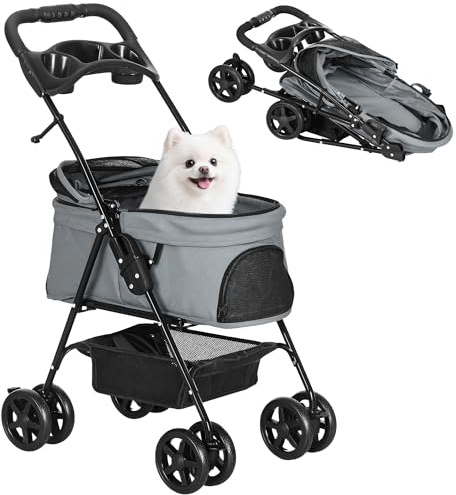 PawHut Cochecito para Perros Plegable Carrito para Perros Pequeños con Ruedas Universales Cesta de Almacenaje Correas de Seguridad y Ventana 67x45x96 cm Gris