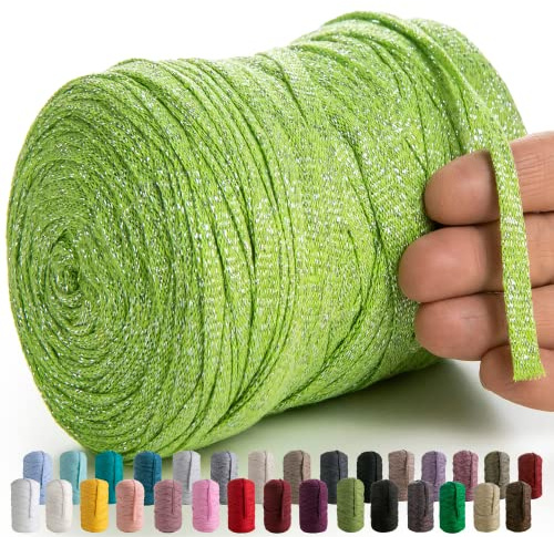 MeriWoolArt makramé, textilgarn för virkning och stickning – gör-det-själv glitter, platt t-shirt, band, garn, 10 mm, 125 m – återvunnet bomullsgarn med Lurex, viskos