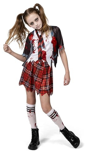 Spooktacular Creations Zombie Schoolgirl Costume, Girl Bloody Zombie Costume for Kids,Halloween, School, Event Party Dress Up, Black, XL