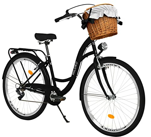 Milord Komfort Fahrrad mit Weidenkorb Hollandrad, Damenfahrrad, Citybike, Retro, Vintage, 28 Zoll, Schwarz, 7-Gang