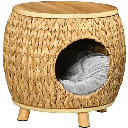 PawHut Rattan Katzenhöhle Katzenbett mit Kissen Katzenhaus Katzenzelt Haustierhaus Hellbraun+Grau 44 x 43 x 42 cm