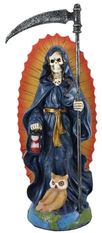 Ebros Gift Standing Santa Muerte Holding Scythe and Hourglass with Wise Owl Figurine 7.25 H Holy Death Bone Mother Patron of Wisdom Wealth Protection Purity Love Health (Blue)