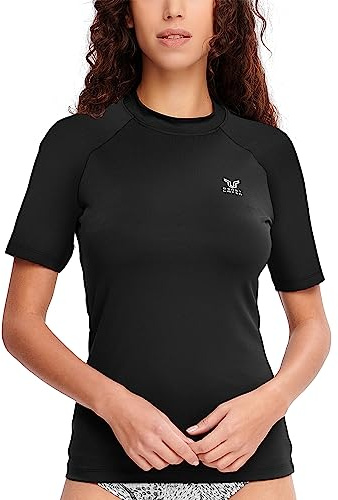 HUGE SPORTS Damen Kurzarm-Schwimmshirt Sonnenschutz Wasser T-Shirt zum Surfen Schnorcheln (Reines Schwarz,S)