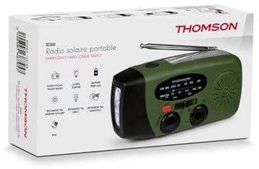 Thomson RT260 - Radio Solar de Emergencia FM/AM con Manivela, Portátil, Función Powerbank Solar 2000mAh, Linterna sin Pilas con Dinamo LED, botón SOS, Doméstica y de Camping