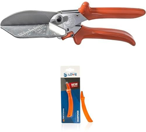 Original LÖWE Set bestehend aus Gehrungsschere 3.304 mit Hebelübersetzung für flache und harte Leisten & Klingenschärfer 0022 für Gartenscheren und Industriescheren
