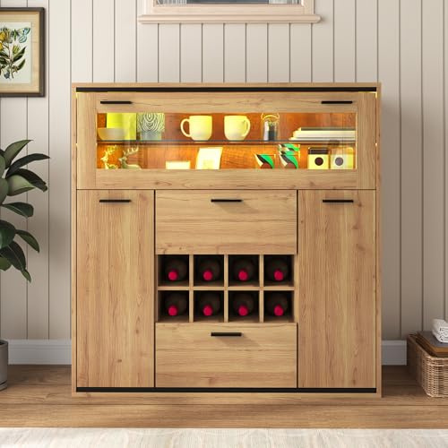 Aparador, elegante armario para vino con puertas dobles, estante de cristal y soporte para vino. Almacenamiento perfecto en un elegante aparador, gran espacio de almacenamiento.