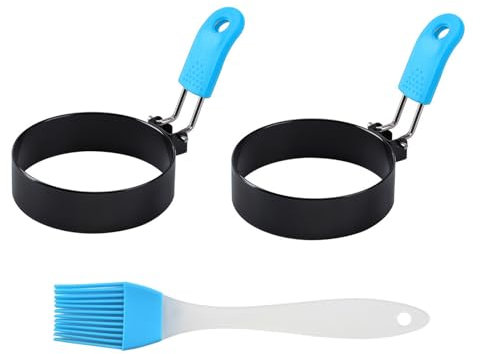 FUZVOL 2 Pcs Egg Rings Moulds Stainless Steel Non Stick Eggs Ring with 1 Oil Brush and Anti-Scald Folding Handle for Frying Cooking Pancake Meat Patty Breakfast （Blue）