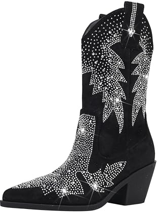 Feinlina Bottes de cowgirl en daim brillant avec strass et bout pointu pour femme