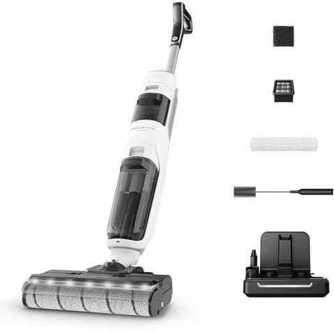 Rowenta X-Clean5, Aspirateur Laveur sans Fil, Nettoyage 2-en-1, Mode de détection Auto, Éclairage LED, Auto-Nettoyage, Séchage air Chaud, GZ5557EE, Blanc/Noir