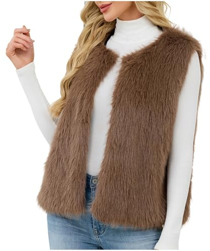 Gilet en fausse fourrure pour femmes UK - Gilet moelleux sans manches, col rond, cardigans à devant ouvert, gilets thermiques en polaire légers, vestes d’hiver chaudes, coupe-vent, vêtements d