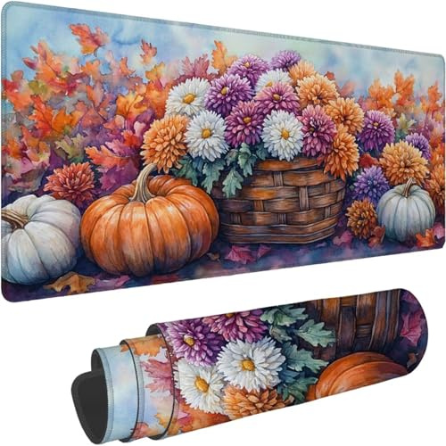 Mouse Mat 1400 x 700 x 3mm Large Mouse Mat Non Slip Rubber Base, Soft Textured Surface with Stitched Edges, Waterproof Desk Mat for PC, Laptop, Laser Mice for Office Maple Leaf Pumpkin Printing xn-184