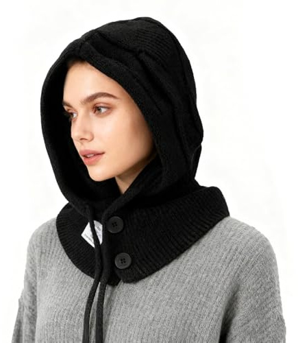 AYPOW Mujer Invierno Gorro de Punto y Bufanda con Capucha,2 en 1 Térmicos Prueba de Viento Ajustable Pasamontañas,Moda Ocio Pullover Calentador de Cuello para Deportes al Aire Libre Diario Correr