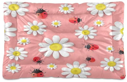 MAOBLYR Ladybugs and Daisies Dog Mat Non-Slip Crate Pad with 4cm Thick Padding Washable Pet Bed Mat for Dog Crate, Car Seat, Floor 36 x 24