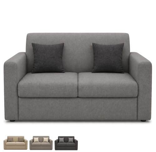 PALUPLUS Divano a 2 Posti in Tessuto, Misura 125x65x85 cm, Struttura Legno MDF, Piedini in Plastica, Divanetto per Casa, Ufficio, In Omaggio 2 Cuscini a Contrasto, Made in Italy -32M (Grigio Chiaro)