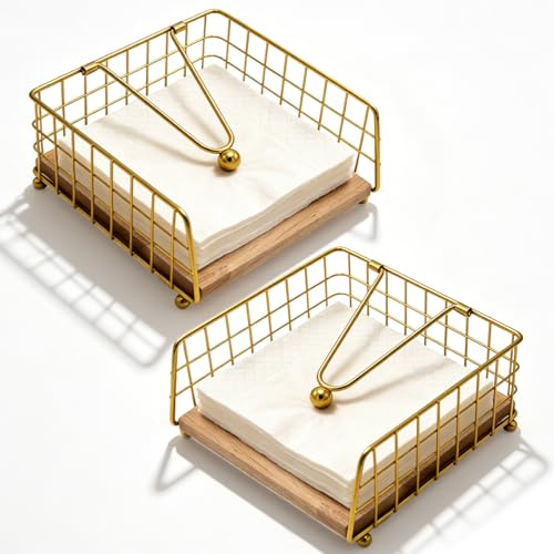 2 PCS Napkin Holder, Metal Serviette Holder Gold Napkin Holders for Tables Square Tissue Dispenser with Wooden Base for Home Kitchen Restaurant Hotel Bar Cafes