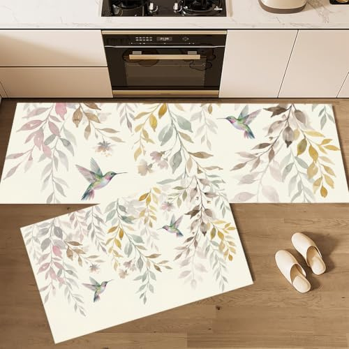 Tappetino da Cucina Antiscivolo Colibrì Del Salice Piangente Set di Tappeti da Cucina, Passatoia Corridoio Rami E Foglie Ad Acquerello Lavabili Tappetino Zerbino per Corridoio, 50x80cm+50x150cm