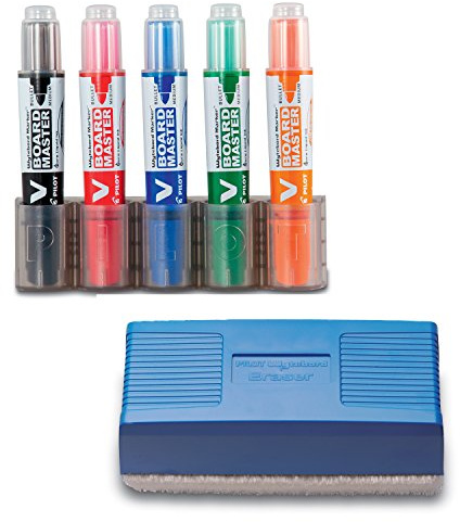 Pilot - Kit pour tableaux blancs - 5 Marqueurs V-Board Master, support et brosse magnétiques - Marqueurs rechargeables à encre liquide - Begreen - Noir, bleu, rouge, vert, orange - Pointe conique 6, 0 mm