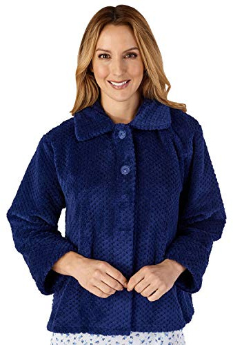Slenderella Chaqueta de cama para mujer, 61 cm, suave, gruesa, de forro polar, cuello abotonado, talla L 16 18, azul oscuro, 16-18