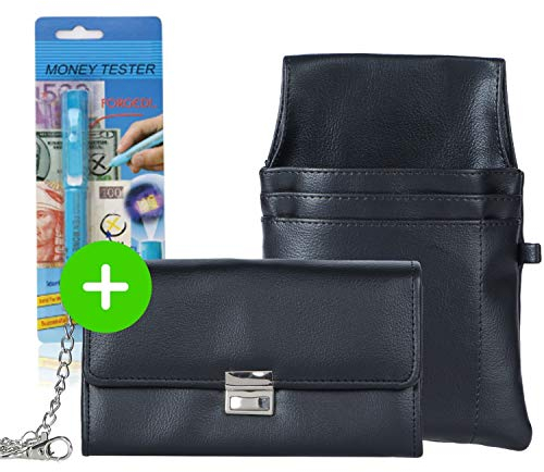 HPPY Aktion Kellnerportemonnaie – robuste Kellnerbörse mit Holster, Kette & Geldtester – Kellnertasche für Gastronomie & Taxi, Farbe: Schwarz