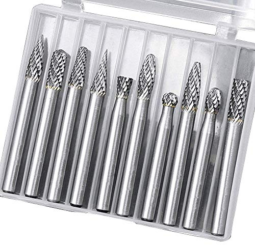 Eyech 10pc Tungsten Carbide Burr Set 1/4 Shank Double Cut Rotary Cutting Burr Set Die Grinder Bits for Steel Metal Wood Woodworking Carving, Polishing, and Engraving