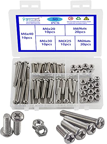 Rshuhx 80PCS M6 Bolts and Nuts Machine Screw and Nut 304 Stainless Steel Cross Pan Head Machine Round Head Screws Assortment Kit for Machine Furniture Toy Electronic Products Repair Fastener