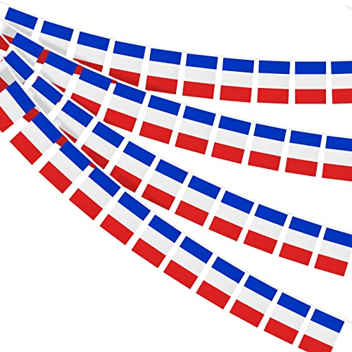 AhfuLife Frankreich Wimpelkette mit 30 Stück Französischer Flaggen, 1 Stück 14 x 21 CM - 10 M Beidseitig Rechteck Stoff Frankreich Wimpel Fahne für Damen Fußball EM Eurovision 2025 WM Bar Party Deko