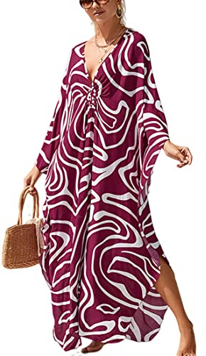 XIAOCILAO Robe Longue Caftan Boho Maillot De Bain Plage Peignoirs De Protection Robe de Plage Femme avec Col V Kaftan Maxi Bohème Longue Grande Taille Cache Maillot de Bain Plage