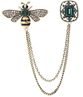 Broche vintage en forme d'abeille Crystaux CZ - Épinglette à suspendre - Chaînes à pompons - Broches pour col de chemise, chapeaux, écharpes, cravates, accessoires, Métal
