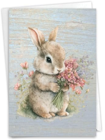 NobleWorks Easter Paper Card with 5 x 7 Inch Envelope (1 Card) Bunnies With Flowers - Pink C10991BEAG