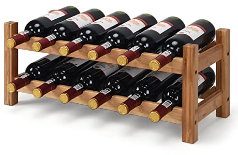 GYMAX Portabottiglie di Vino con 2 Livelli per 12 Bottiglie, Scaffale per Vino in Bambù, Cantinetta, Salvaspazio, 62 x 24 x 25 cm (NATURALE)