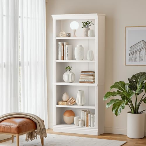 Furniwell Bookcase Bookshelves, 5-Shelf Tall Bookcase 71 Wood Open Display Floor Bookshelf, Large Storage Organizer for Library, Bedroom, Living Room (White)