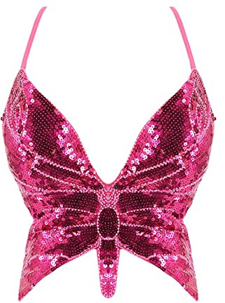 Hauts à paillettes pour femme - Papillon - Crop Tops - Haut sexy pour femme - Costume de carnaval - Débardeur festif - Danse du ventre - Dos nu - Bretelles spaghetti - Vêtements de danse