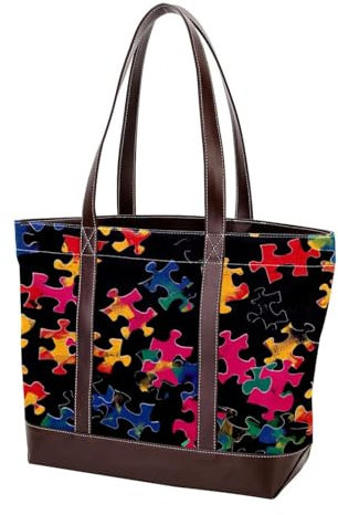 FNETJXF Tote Bag for Women, Large Tote Bag, Women's Tote Handbags, Modern Cartoon Pattern Colored Jigsaw Puzzle, Womens Tote Bag