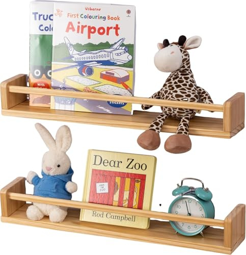 Gieanoo Nursery book shelf, Set of 2 Floating Shelves Solid Natural Wood 60cm bookshelf kids room Wall Mounted baby floating book shelves Wall decor for Children's Room,Bathroom,Kitchen