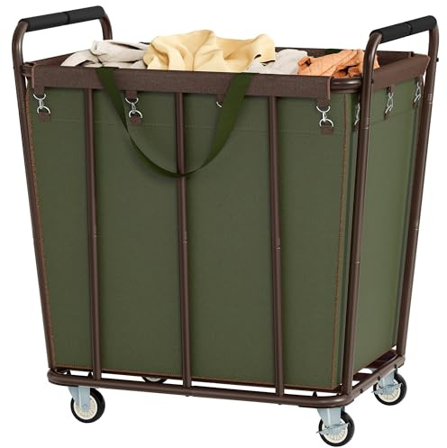 Hoctieon Large Laundry Cart with Wheels, 400L Heavy Duty Laundry Basket Organizer, Rolling Hamper Sorter for Clothes Storage, Industrial Dirty Clothes Hamper for Home & Hotel, Green+Brown