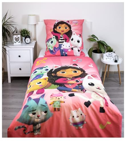 Theonoi Gabby's Dollhouse Gabby's Dollhouse - Juego de ropa de cama infantil (2 piezas, 135 x 200 cm, 80 x 80 cm, algodón con certificado Öko-Tex, tamaño estándar alemán)