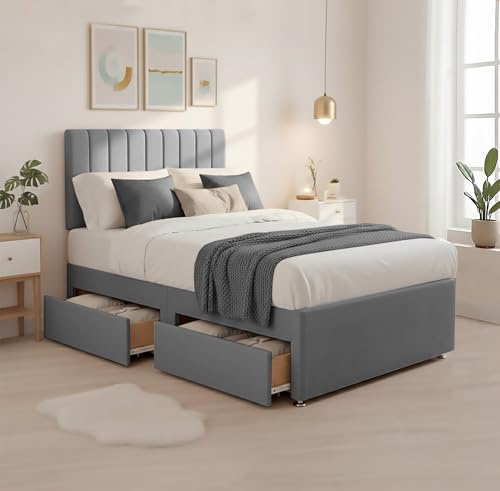 BED TIME UK – lyxigt divansängset i plysch | premium sängram med fjäderskummadrass och snygg 50,8 cm vertikal sänggavel | 2-lådors förvaring (grå, 4FT6 dubbelsäng)