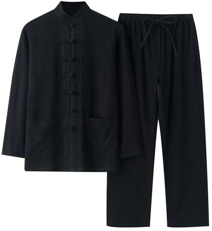 YOSUWOAI Kampfkunst Anzug Herren Kung Fu und Tai Chi Uniform Traditionelle Chinesisch Kostüm für Meditation und Qigong 2 Teiler Langarm Baumwolle Leinen Hemd und Hose Weich Freizeitanzug